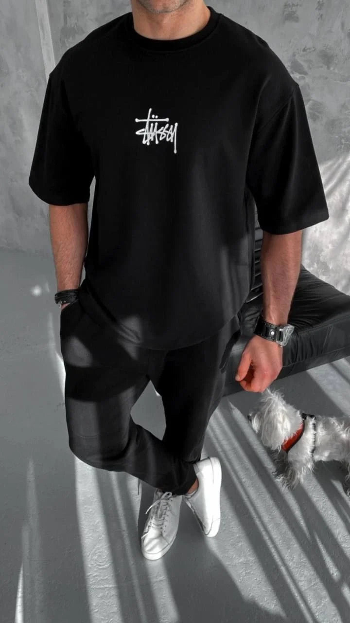 Unisex Bisiklet Yaka Baskılı Oversize T-Shirt - Beyaz