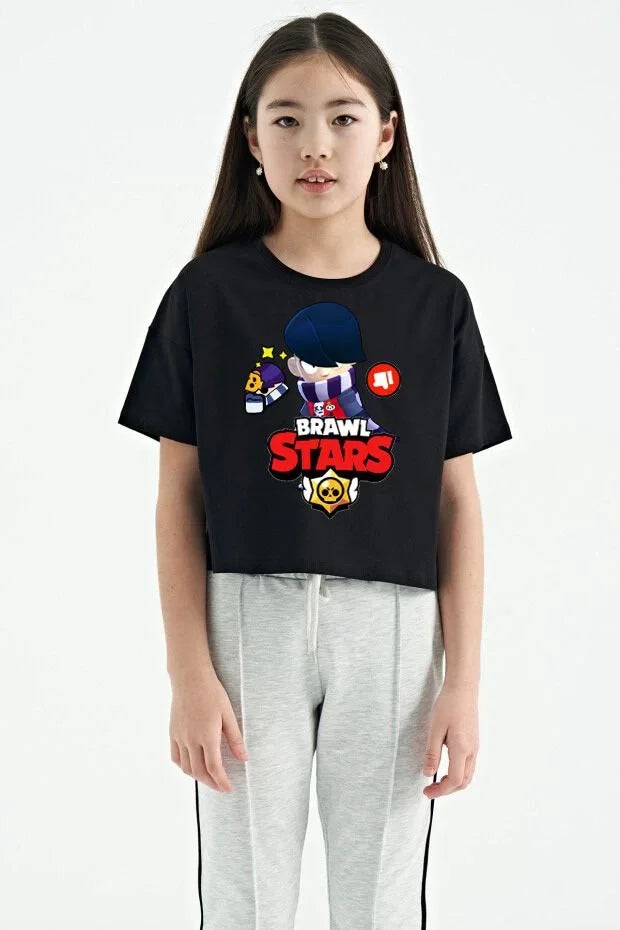 Unisex Bisiklet Yaka Kısa Kol Baskılı Çocuk T-Shirt - Siyah