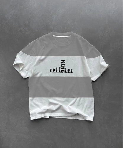 Unisex Bisiklet Yaka Baskılı Parçalı Oversize T-Shirt - Siyah