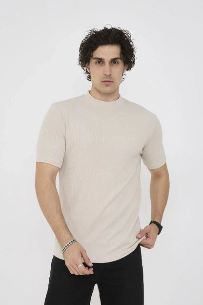 Unisex Bisiklet Yaka Slim fit T-Shirt- Taş