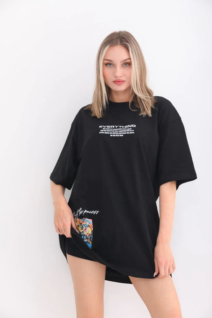Unisex Bisiklet Yaka Baskılı Oversize T-Shirt - Beyaz