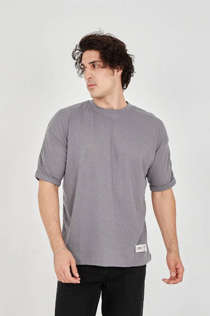 Unisex Jakar Kumaş Rahat Kol T-Shirt - Bej