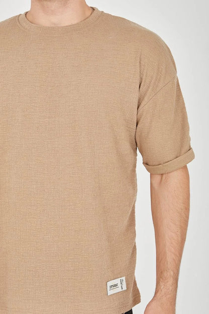 Unisex Jakar Kumaş Rahat Kol T-Shirt - Bej