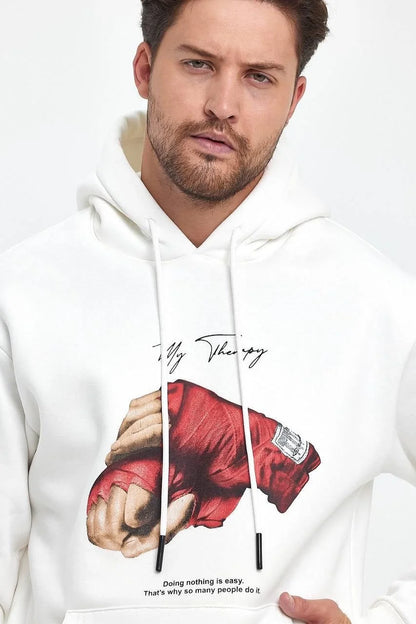 Unisex Kapüşonlu Üç İplik Oversize Baskılı Sweatshirt - Siyah