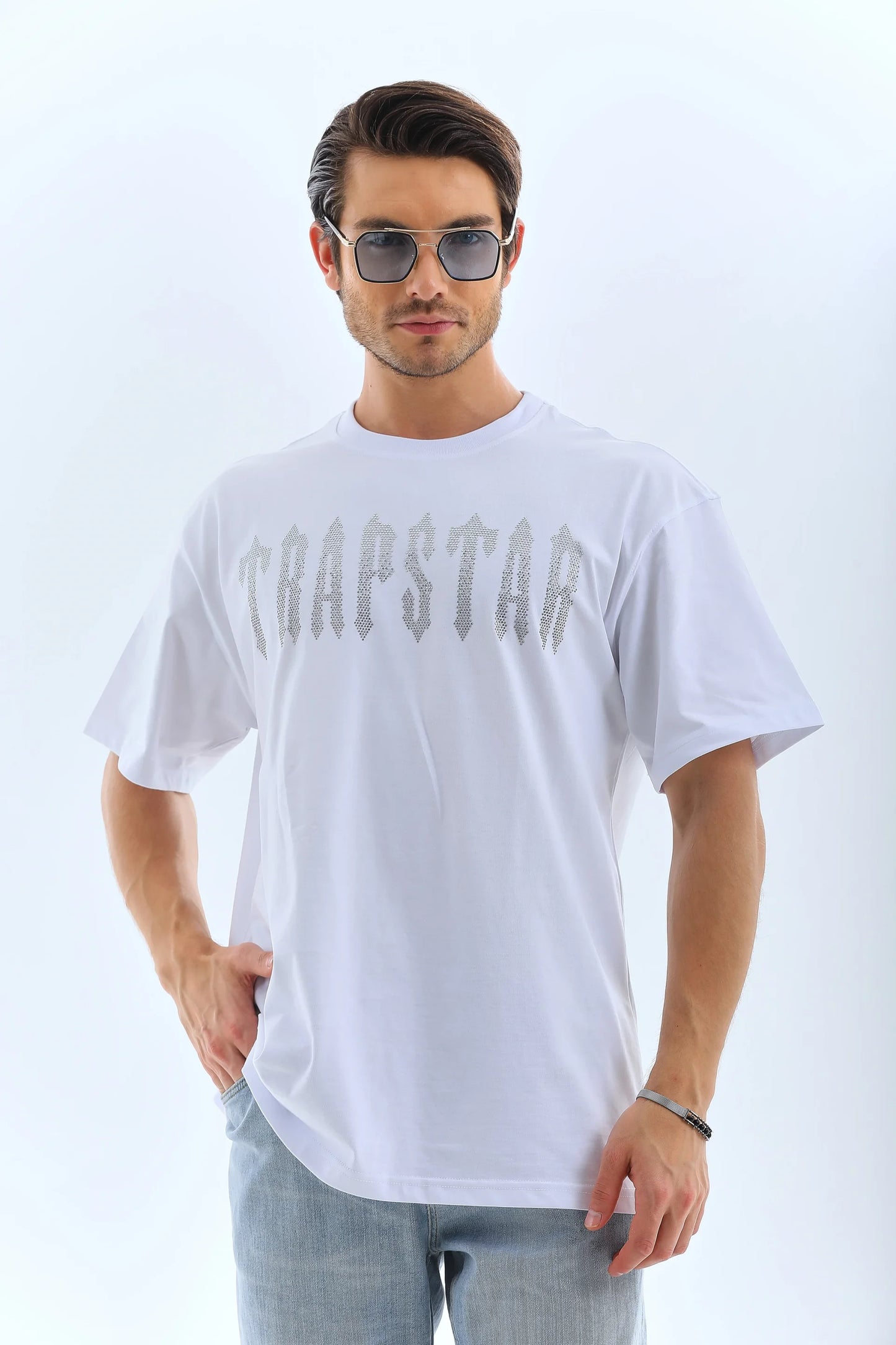 Unisex Oversize Taşlı Bisiklet Yaka T-Shirt - Siyah