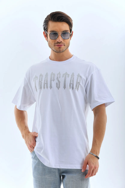 Unisex Oversize Taşlı Bisiklet Yaka T-Shirt - Siyah