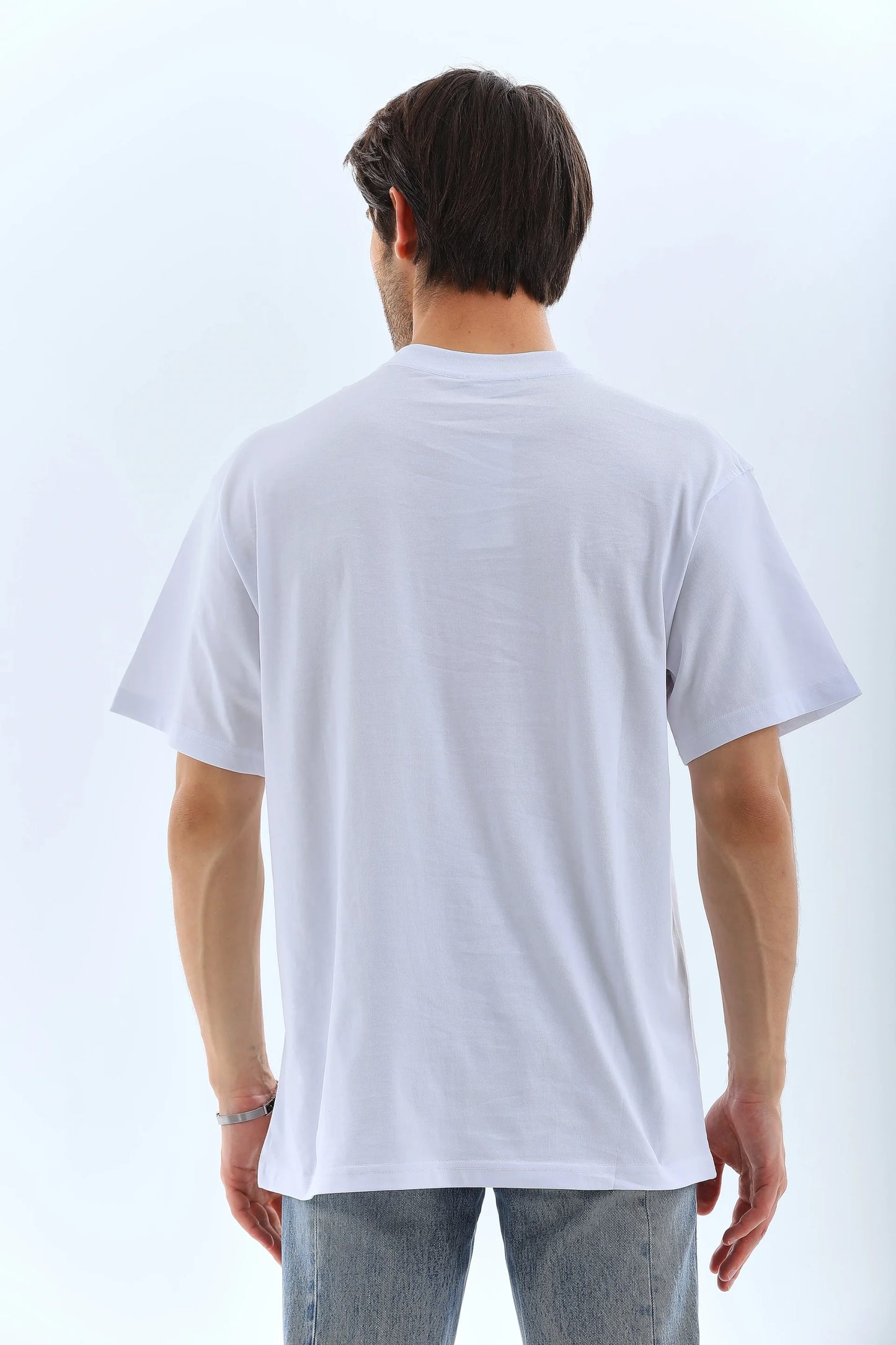 Unisex Oversize Taşlı Bisiklet Yaka T-Shirt - Siyah