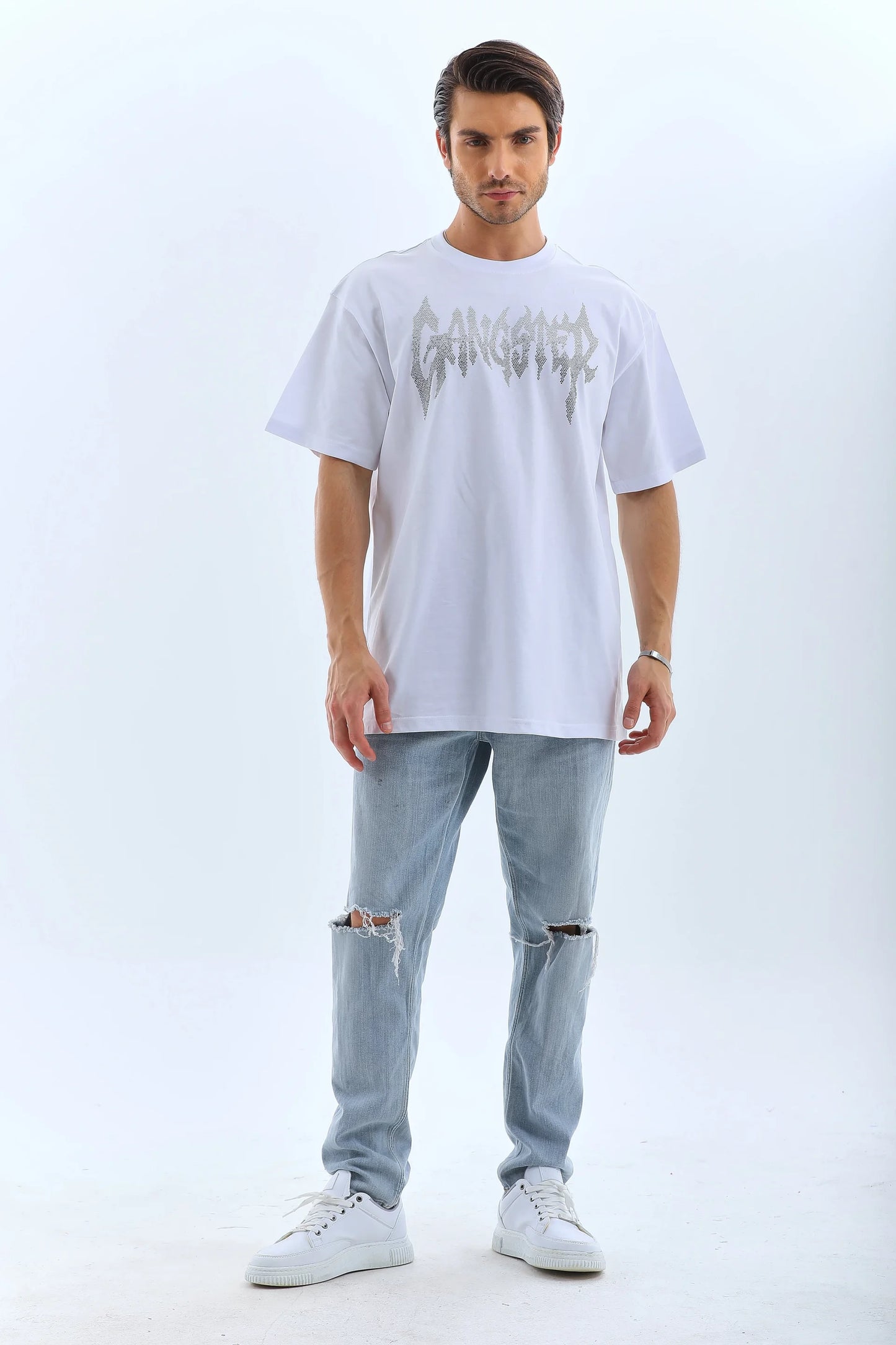 Unisex Oversize Taşlı Bisiklet Yaka T-Shirt - Siyah