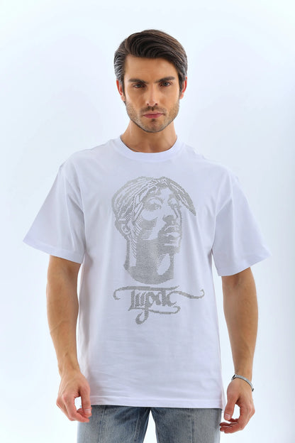 Unisex Oversize Taşlı Bisiklet Yaka T-Shirt - Siyah