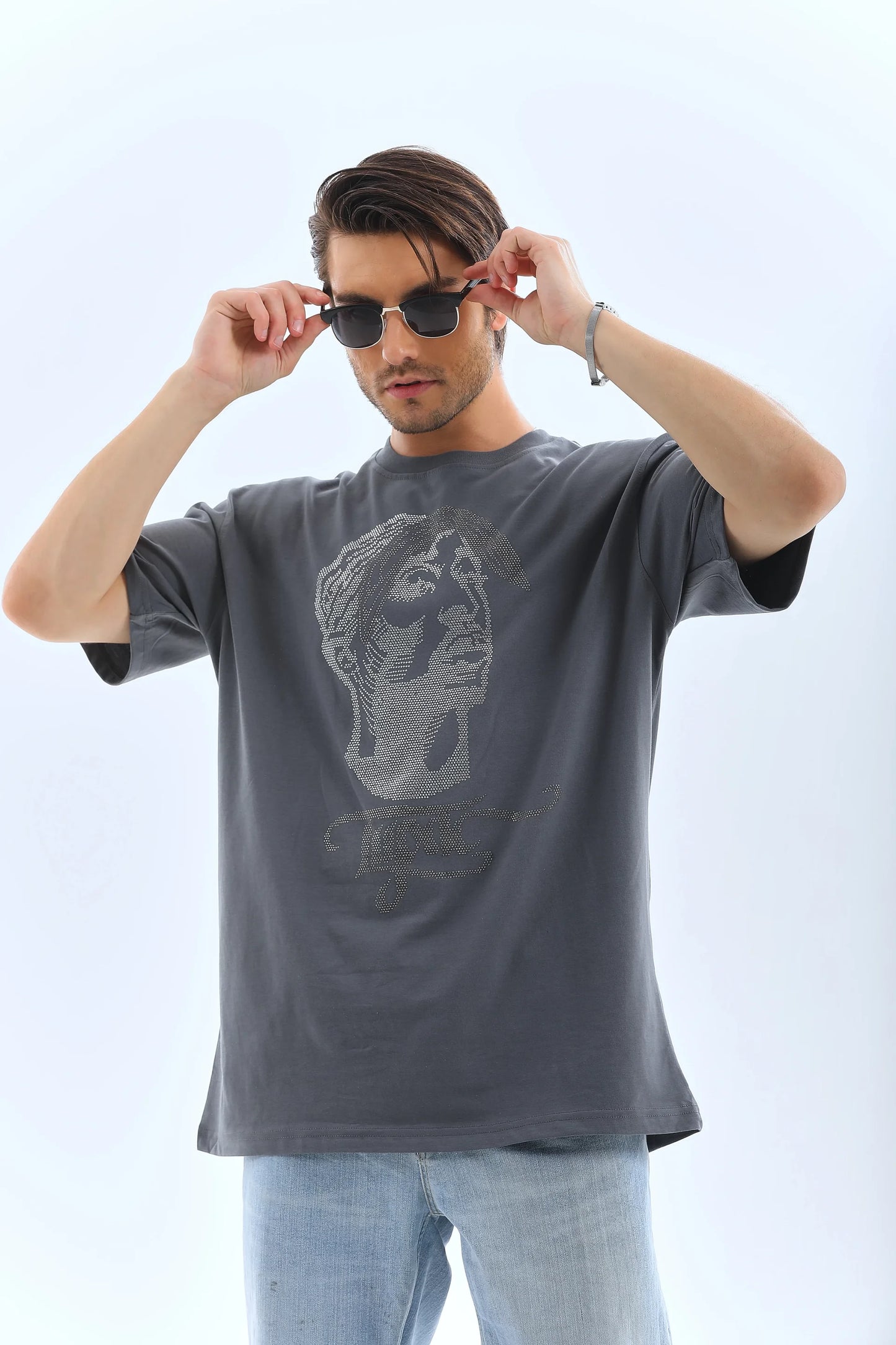 Unisex Oversize Taşlı Bisiklet Yaka T-Shirt - Siyah