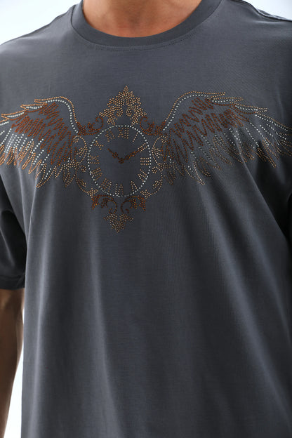 Unisex Oversize Taşlı Bisiklet Yaka T-Shirt - Beyaz