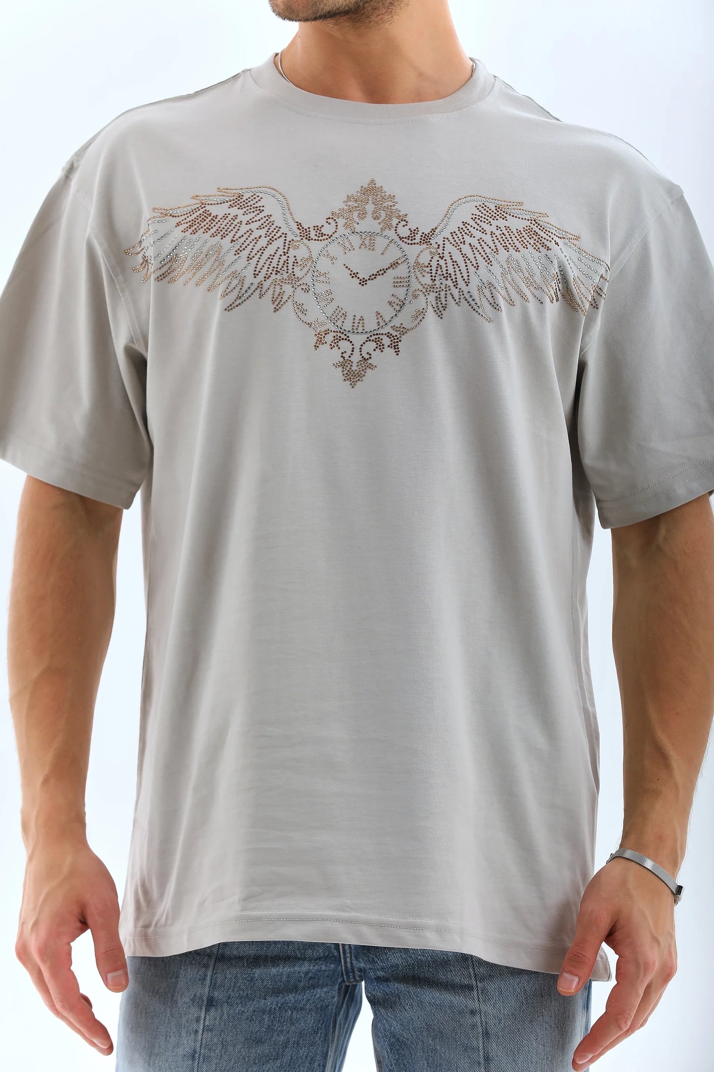 Unisex Oversize Taşlı Bisiklet Yaka T-Shirt - Beyaz