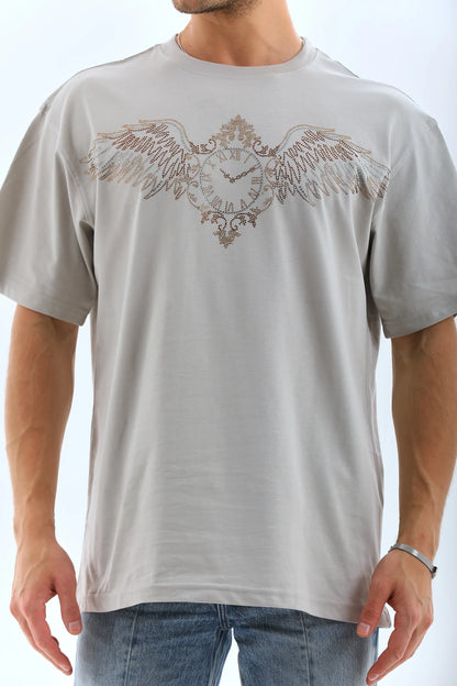 Unisex Oversize Taşlı Bisiklet Yaka T-Shirt - Beyaz