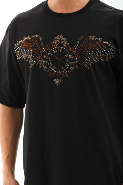 Unisex Oversize Taşlı Bisiklet Yaka T-Shirt - Beyaz