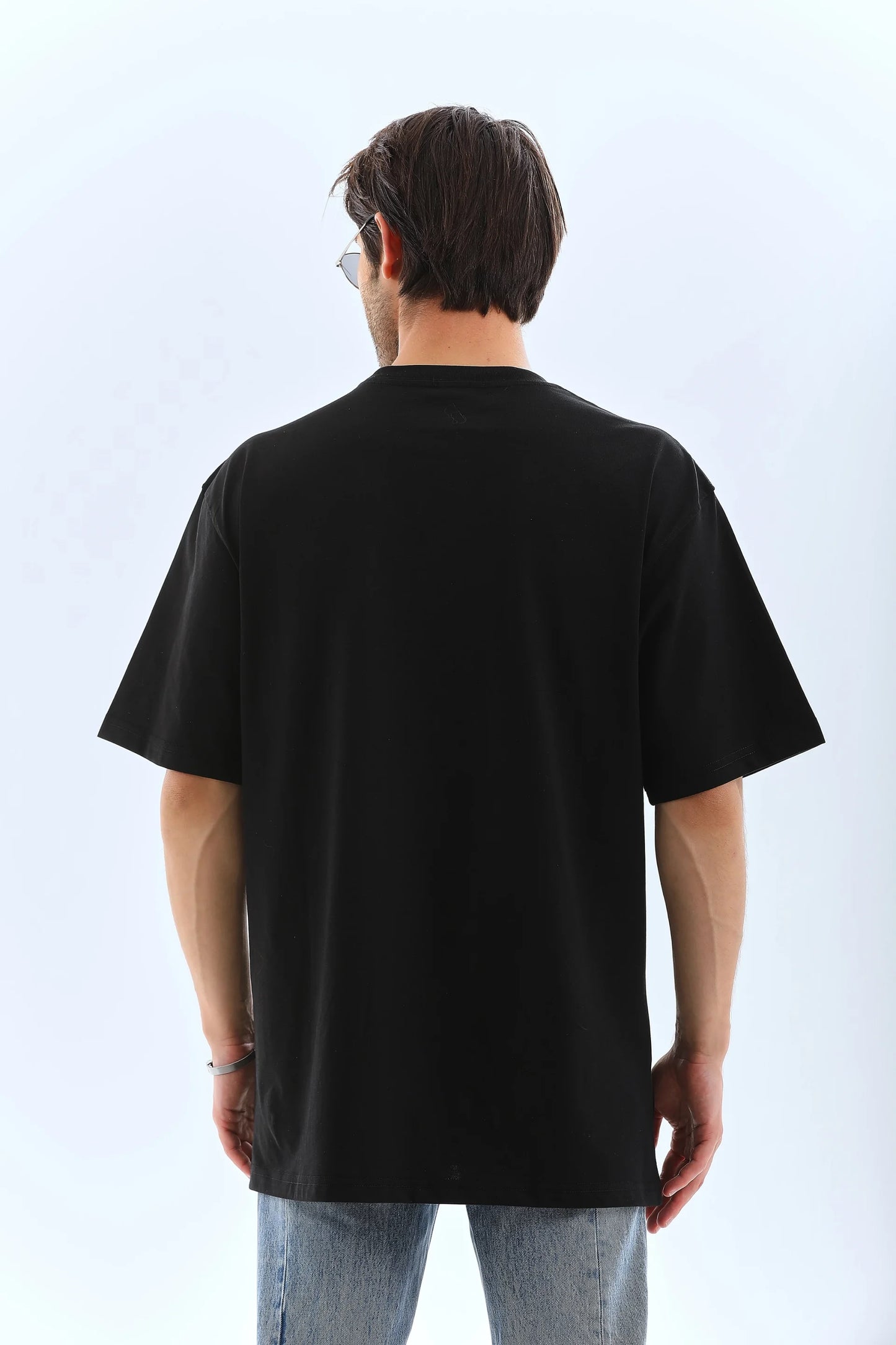 Unisex Oversize Taşlı Bisiklet Yaka T-Shirt - Beyaz