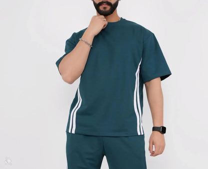 Unisex Oversize Yanları Şeritli T-Shirt - Beyaz