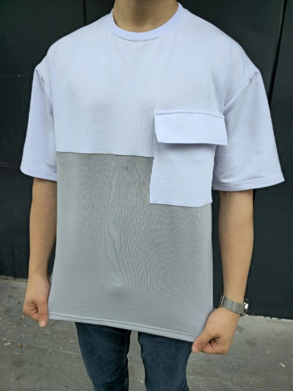 Unisex Torba Cep Detaylı Parçalı T-Shirt - Siyah