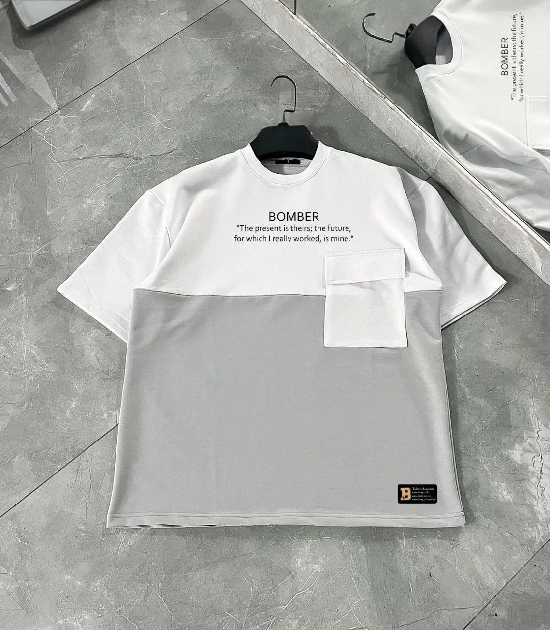 Unisex Torba Cep Detaylı  Parçalı T-Shirt - Lacivert