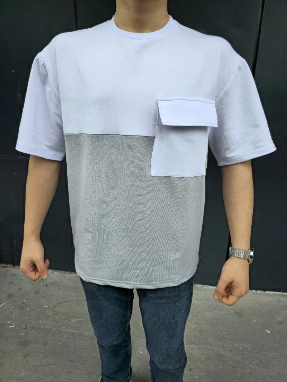 Unisex Torba Cep Detaylı Parçalı T-Shirt - Siyah