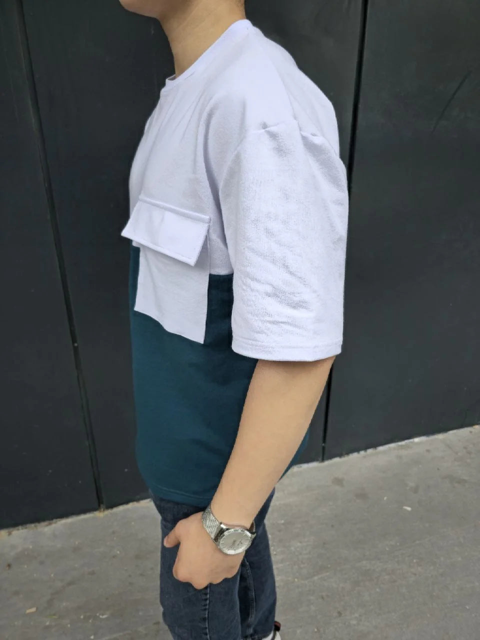 Unisex Torba Cep Detaylı Parçalı T-Shirt - Siyah