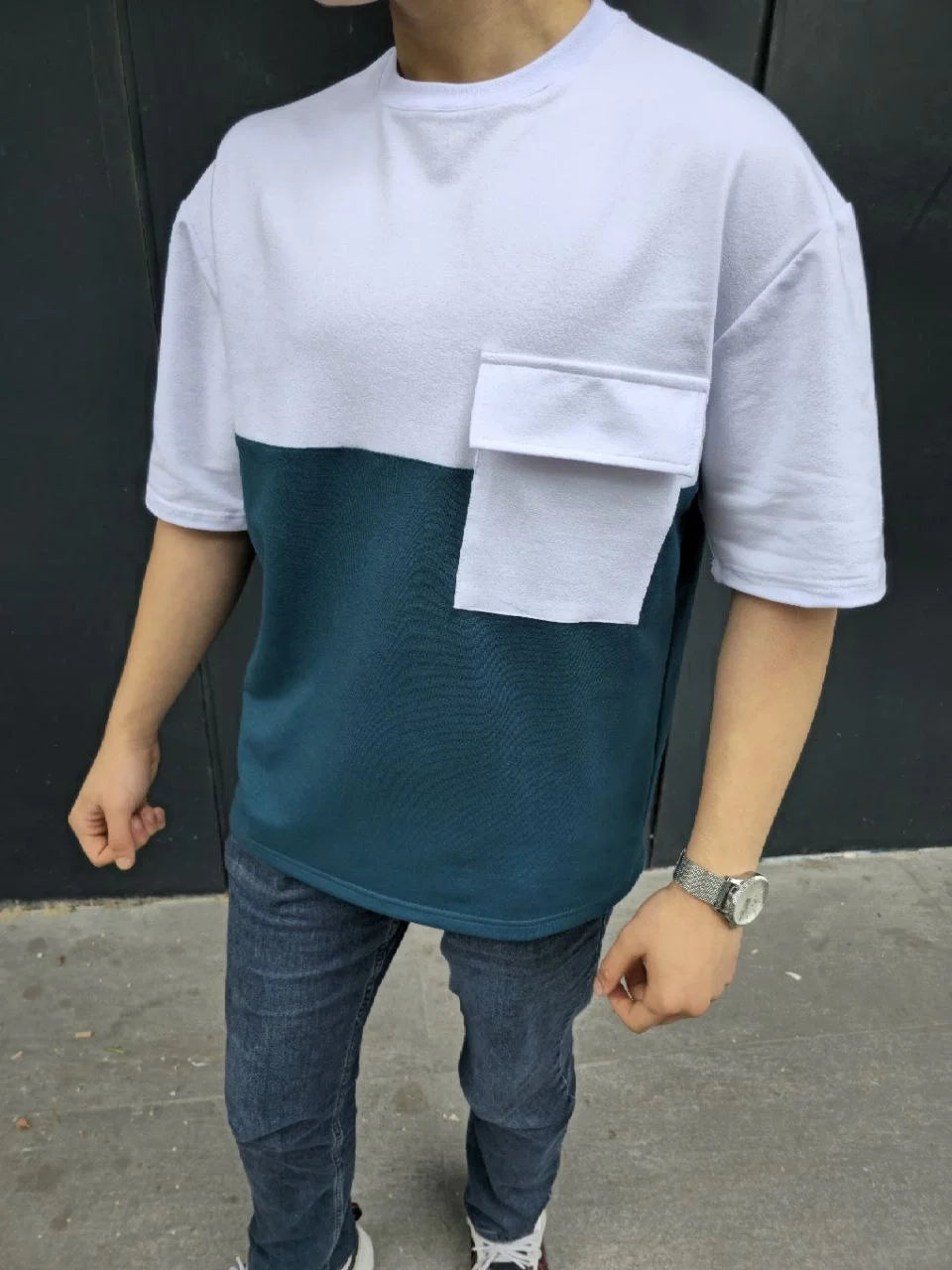 Unisex Torba Cep Detaylı Parçalı T-Shirt - Siyah