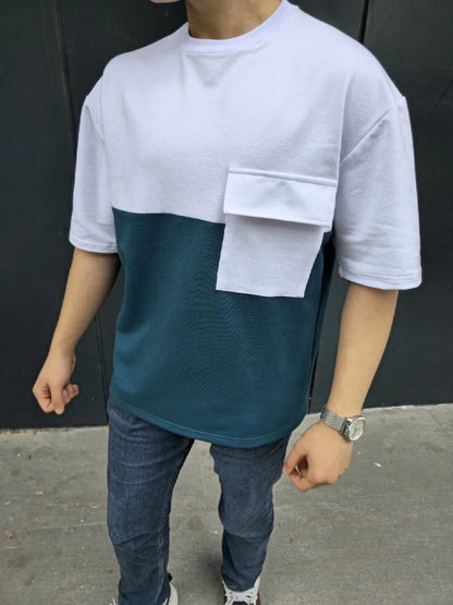 Unisex Torba Cep Detaylı Parçalı T-Shirt - Siyah