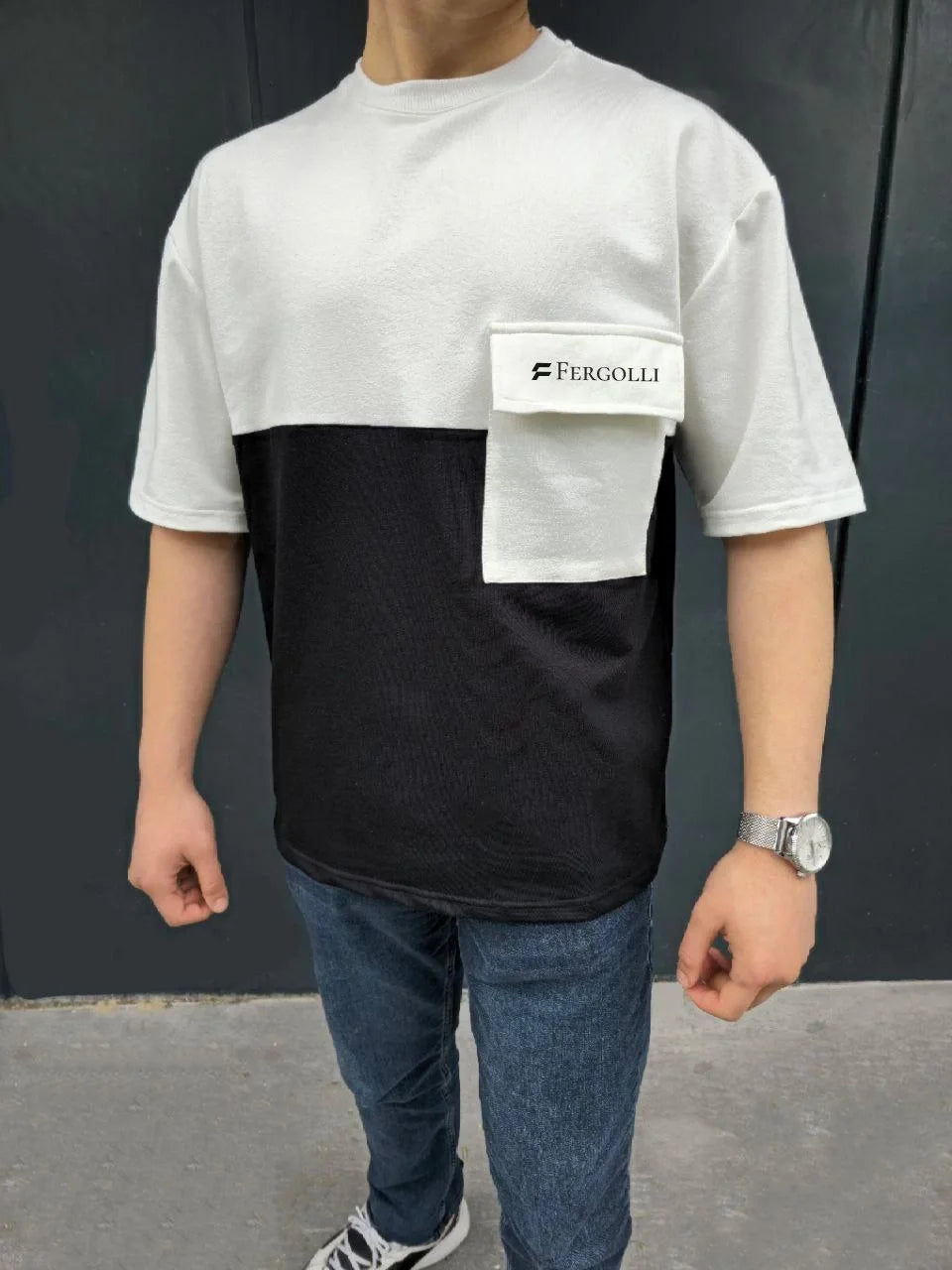 Unisex Torba Cep Detaylı  Parçalı T-Shirt - Gri