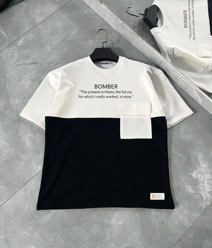 Unisex Torba Cep Detaylı  Parçalı T-Shirt - Lacivert