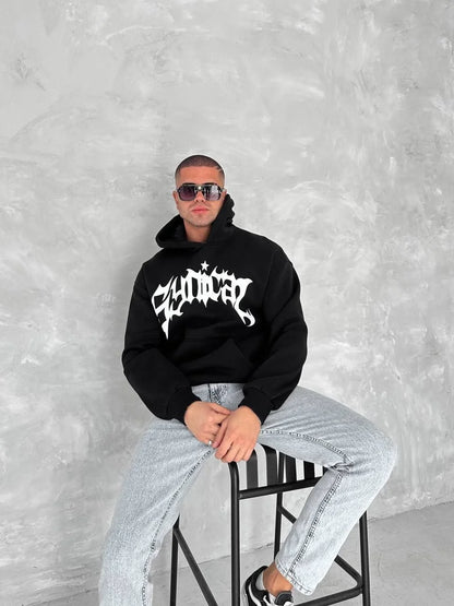Unisex Üç İplik Kapüşonlu Baskılı SweatShirt - Beyaz