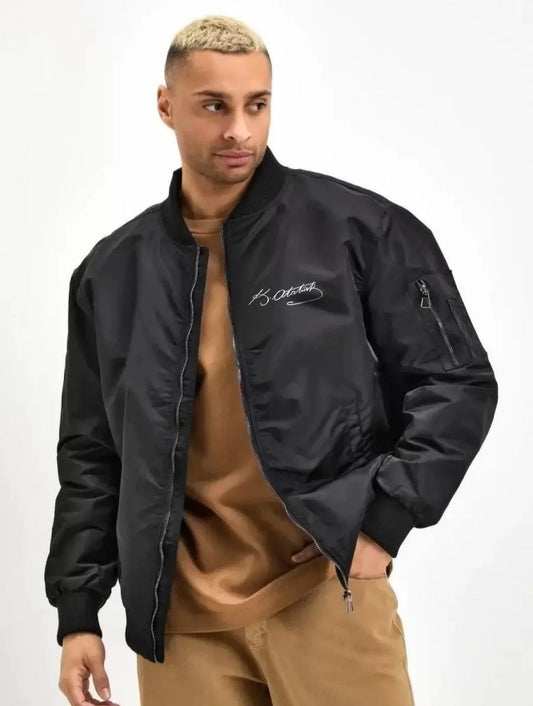 Erkek Unisex Bomber Mont – Siyah Renk, Atatürk Silüet Baskılı, Fermuarlı Cepli, Kapitone Astarlı, Bahar Kış Sezonu Günlük Ceket - Siyah
