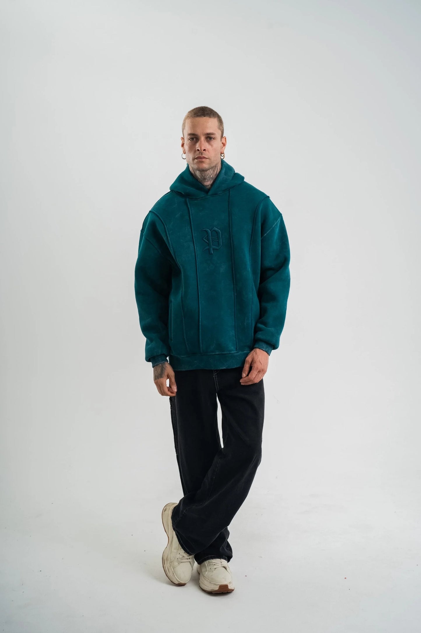 Unisex Uzun Kol Kapşonlu Yıkamalı Nakışlı SweatShirt - Füme