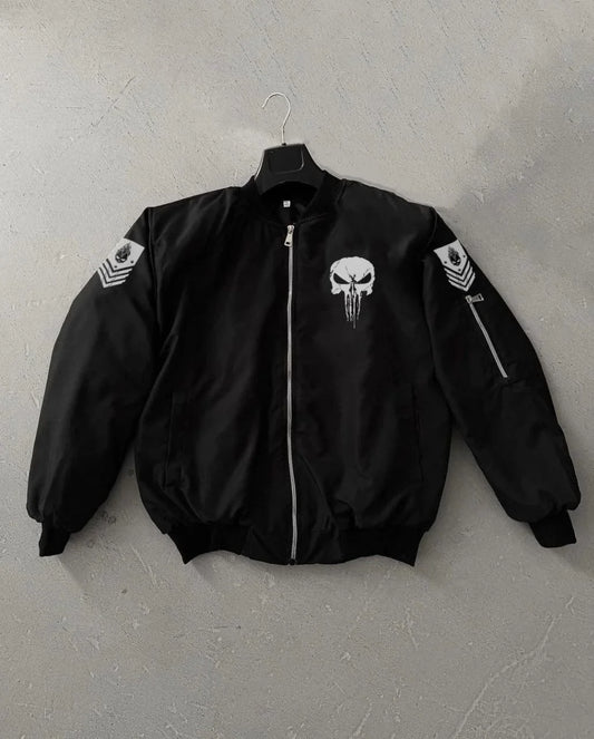 Siyah Askeri Tarz Bomber Mont – Unisex, Punisher Skull Detaylı, Fermuarlı, Cepli, Uzun Kollu, Bahar ve Kış Günlük Moda İçin Uygun - Siyah