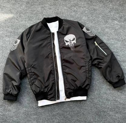 Siyah Askeri Tarz Bomber Mont – Unisex, Punisher Skull Detaylı, Fermuarlı, Cepli, Uzun Kollu, Bahar ve Kış Günlük Moda İçin Uygun - Siyah