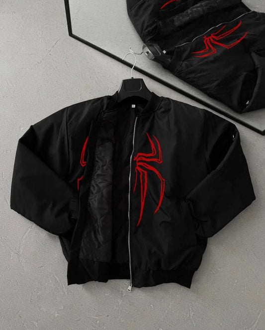 Örümcek Desenli Siyah Bomber Mont – Unisex Kullanıma Uygun, Fermuarlı Cepli, Kapitone Astarlı, Bahar Kış Günlük Giyim İçin Moda Ceket Modeli - Siyah