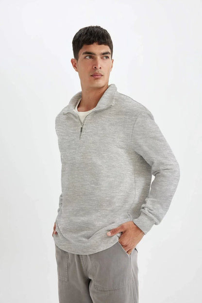 Unisex Uzun Kol Yarım Farmuarlı Yakalı Basic SweatShirt - Siyah