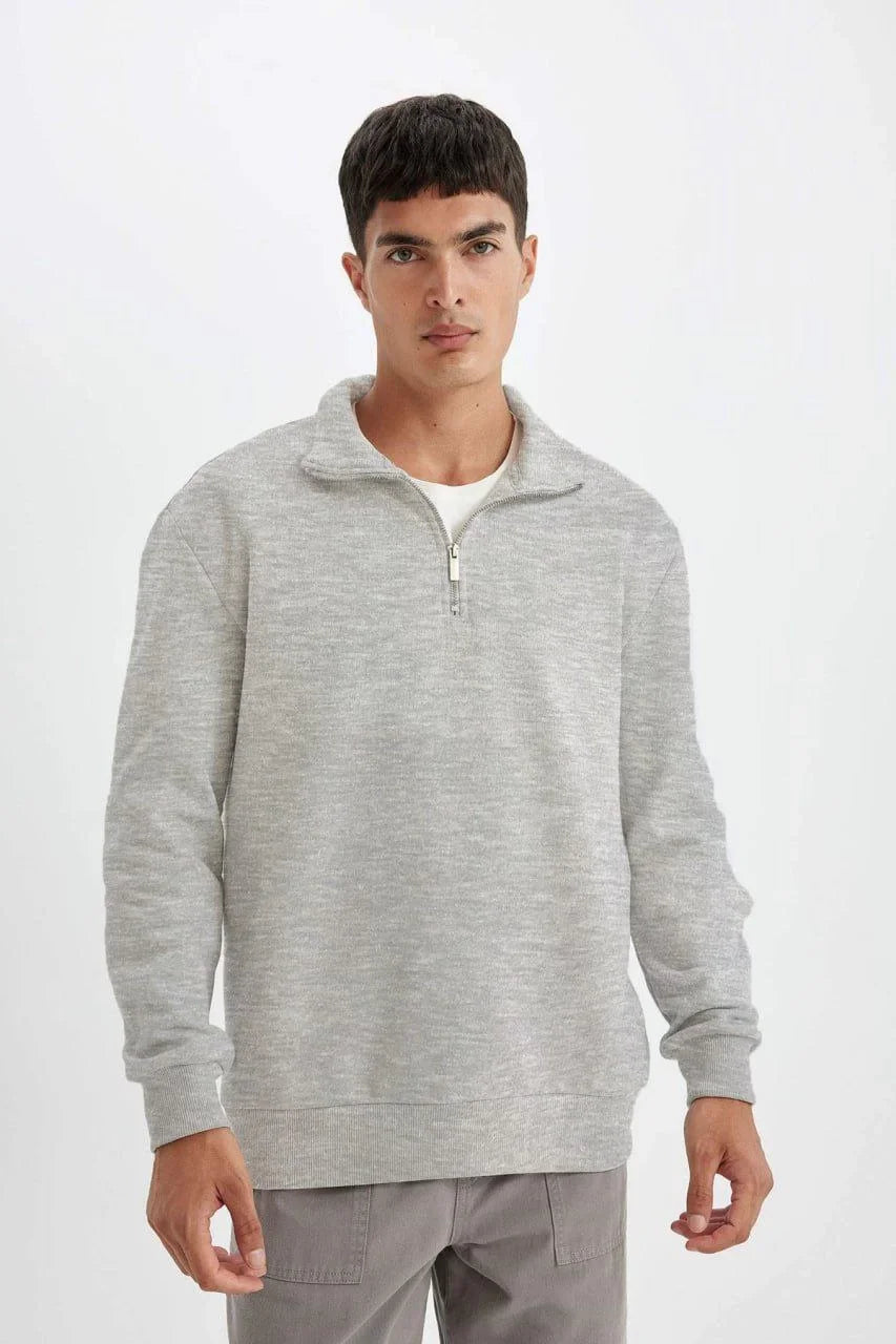 Unisex Uzun Kol Yarım Farmuarlı Yakalı Basic SweatShirt - Siyah