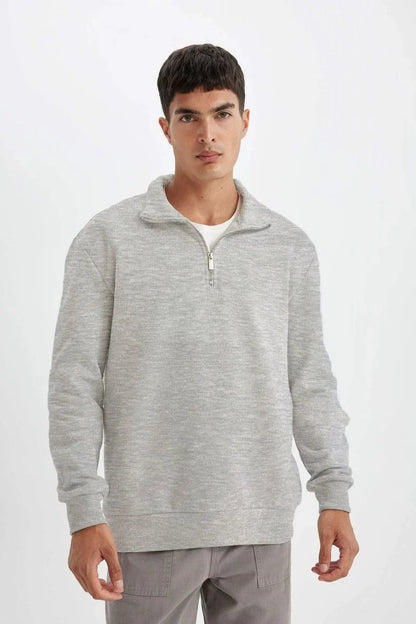 Unisex Uzun Kol Yarım Farmuarlı Yakalı Basic SweatShirt - Siyah