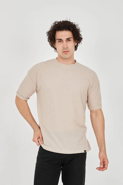 Unisex Waffle Kumaş Rahat Kol T-Shirt - Boyalı Gri