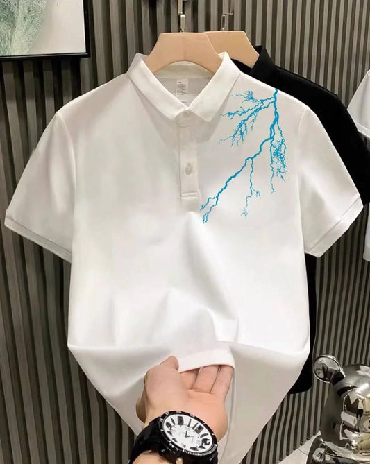 Unisex Yakası Düğmeli Oversize Baskılı T-Shirt - Siyah