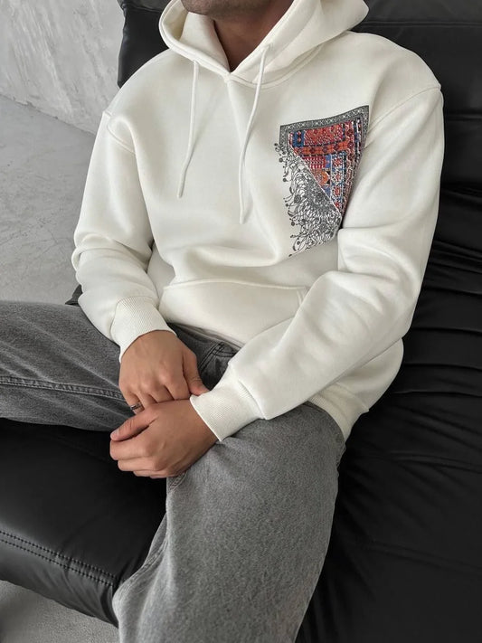 Uzun Kol Kapüşonlu Ön Ve Arka Baskılı SweatShirt - Beyaz