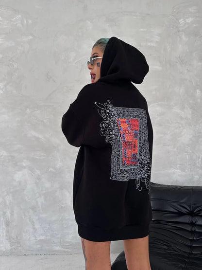 Uzun Kol Kapüşonlu Ön Ve Arka Baskılı SweatShirt - Beyaz