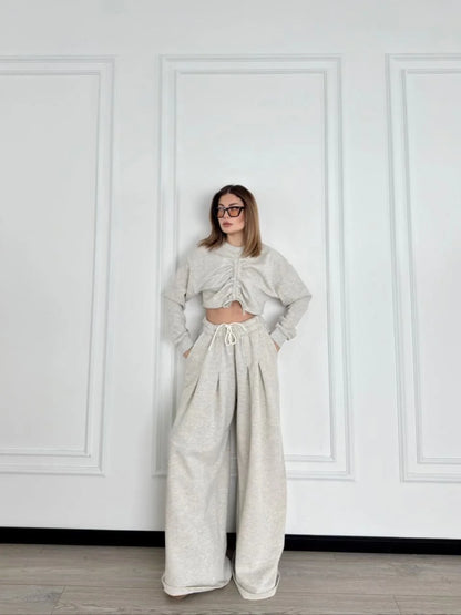 Uzun Kollu Önü İp Büzgülü Crop ve Pantolon İkili Takım - Gri