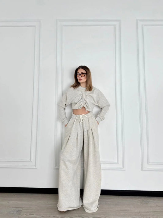 Uzun Kollu Önü İp Büzgülü Crop ve Pantolon İkili Takım - Gri