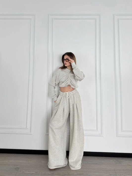 Uzun Kollu Önü İp Büzgülü Crop ve Pantolon İkili Takım - Gri