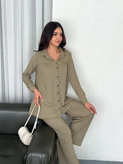 Yakalı Düğmeli Uzun Kollu Gömlek Pantolon ikili Takım - Beyaz