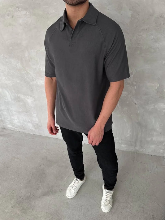 Yakalı Patlı Kısa Kol T-shirt - Antrasit