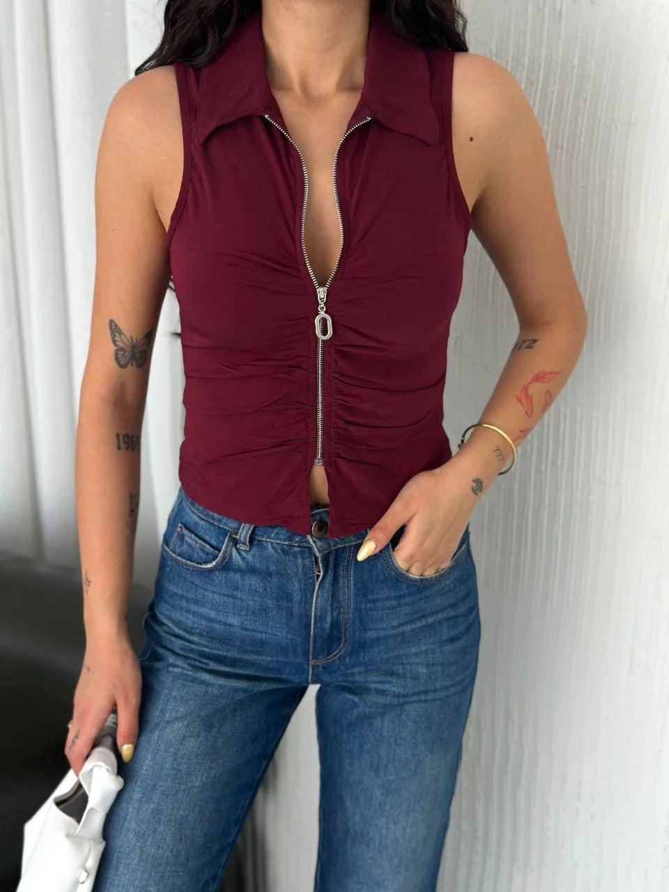 Yakalı Tam Fermuarlı Kolsuz Bluz - Kahverengi