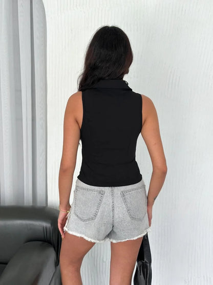 Yakalı Tam Fermuarlı Kolsuz Bluz - Kahverengi