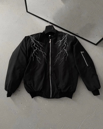 Unisex Siyah Bomber Mont – Beyaz Şimşek Desenli, Fermuarlı Cepli, Kapitone Astarlı Sokak Stili Günlük Ceket - Siyah